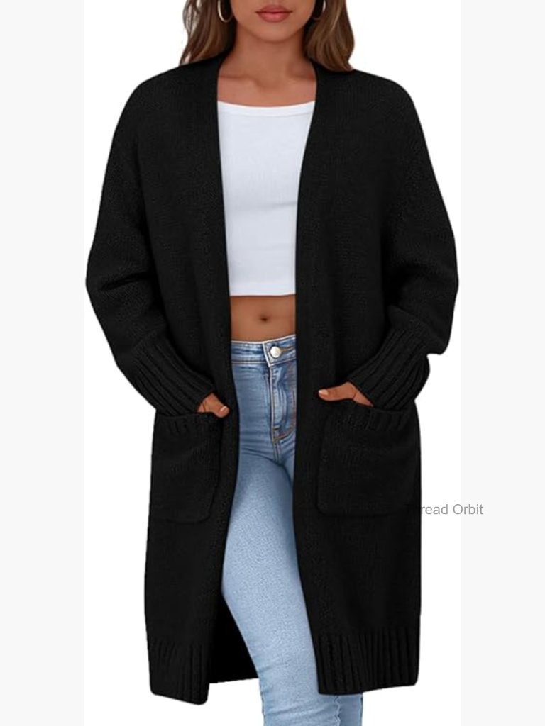 Long Sleeve Open Front Cardigan Sweater With Pockets Relaxed Fit